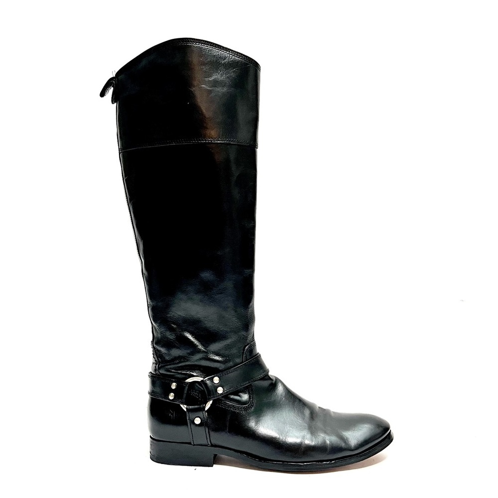FRYE | Vintage 1990s women's black leather knee high zip up biker harness boots